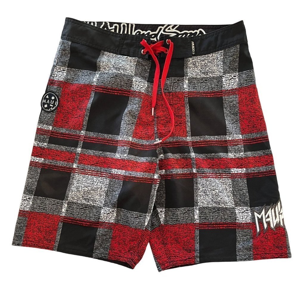 Maui Board Shorts Mens Sz 34 Black White Red Check‎ Surf Swim Wear Trunks